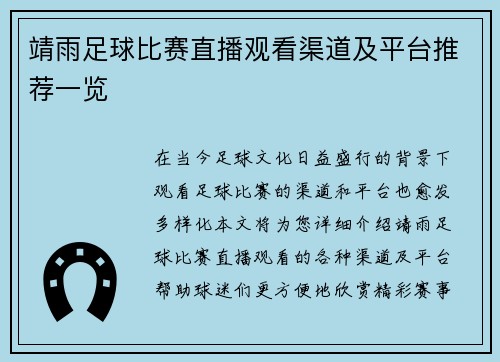 靖雨足球比赛直播观看渠道及平台推荐一览