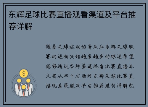 东辉足球比赛直播观看渠道及平台推荐详解